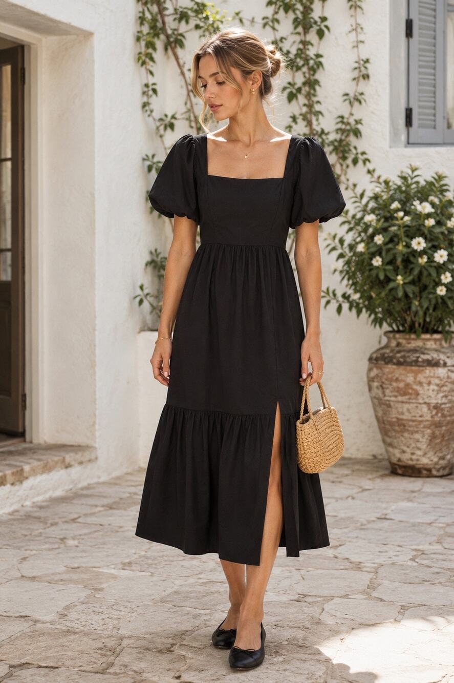ASTR The Label Poplin Black Puff Sleeve Midi Dress Cottagecore Side Slit Large